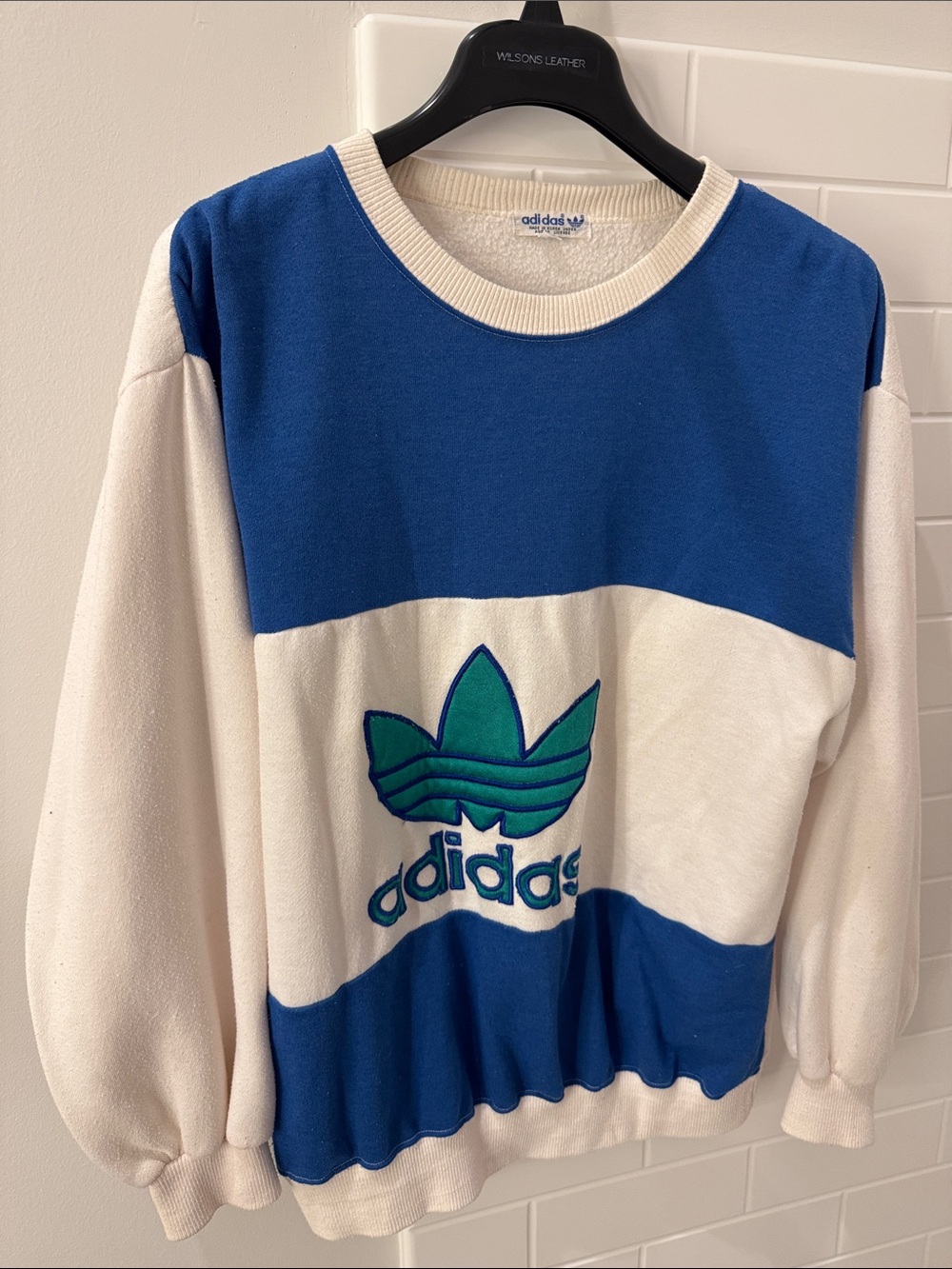 adidas Blue, White & Green Trefoil Colorblock Crewneck Sweater